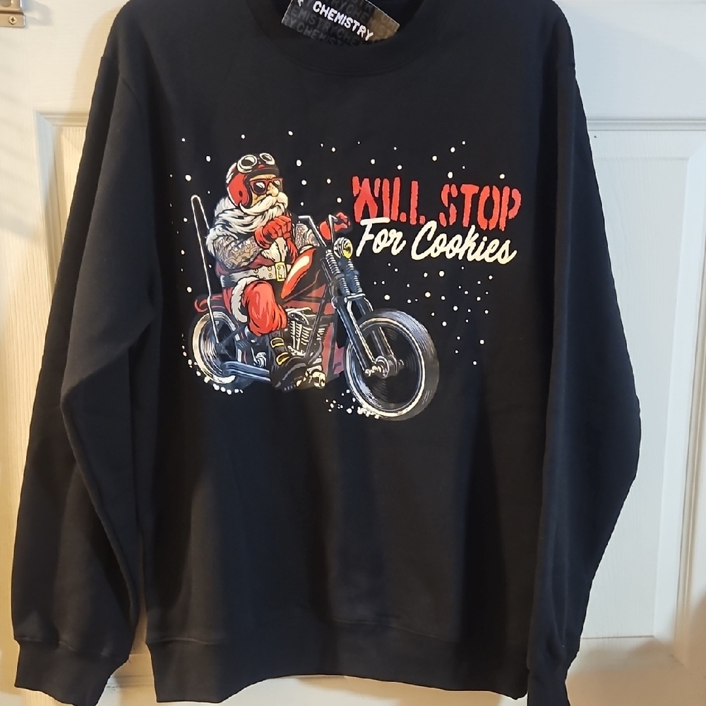 CHEMISTRY MOTORCYCLE SANTA SWEATSHIRT: BLACK: NEW WITH TAGS: SIZE M